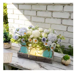 Mason Jar Lights Centerpiece Table Decor for Dining Room Farmhouse Wood Tray with 3 Jars Blue Flowers Valentines Day Decoration for Coffee Table Kitchen Living Room Wedding Spring Decoration