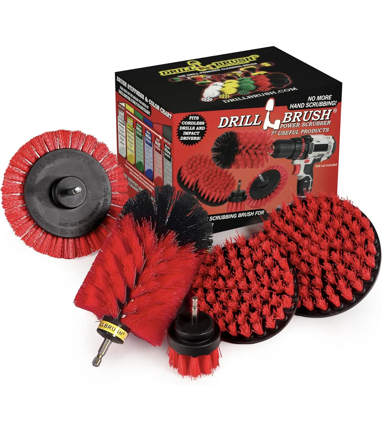 Juego de 4 cepillos de limpieza negros y rojos - Cepillo para taladro inalambrico