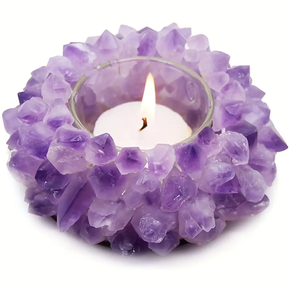 Handmade Natural Amethyst Cluster Tealight Wax Holder - Raw Amethyst Bud Candle Holder for Home Decor, Crystal Healing, Gift, Rustic Aesthetic Home Supply Crystal Ornament