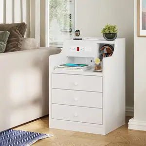 Nightstand with 3 Drawers Charging Station White