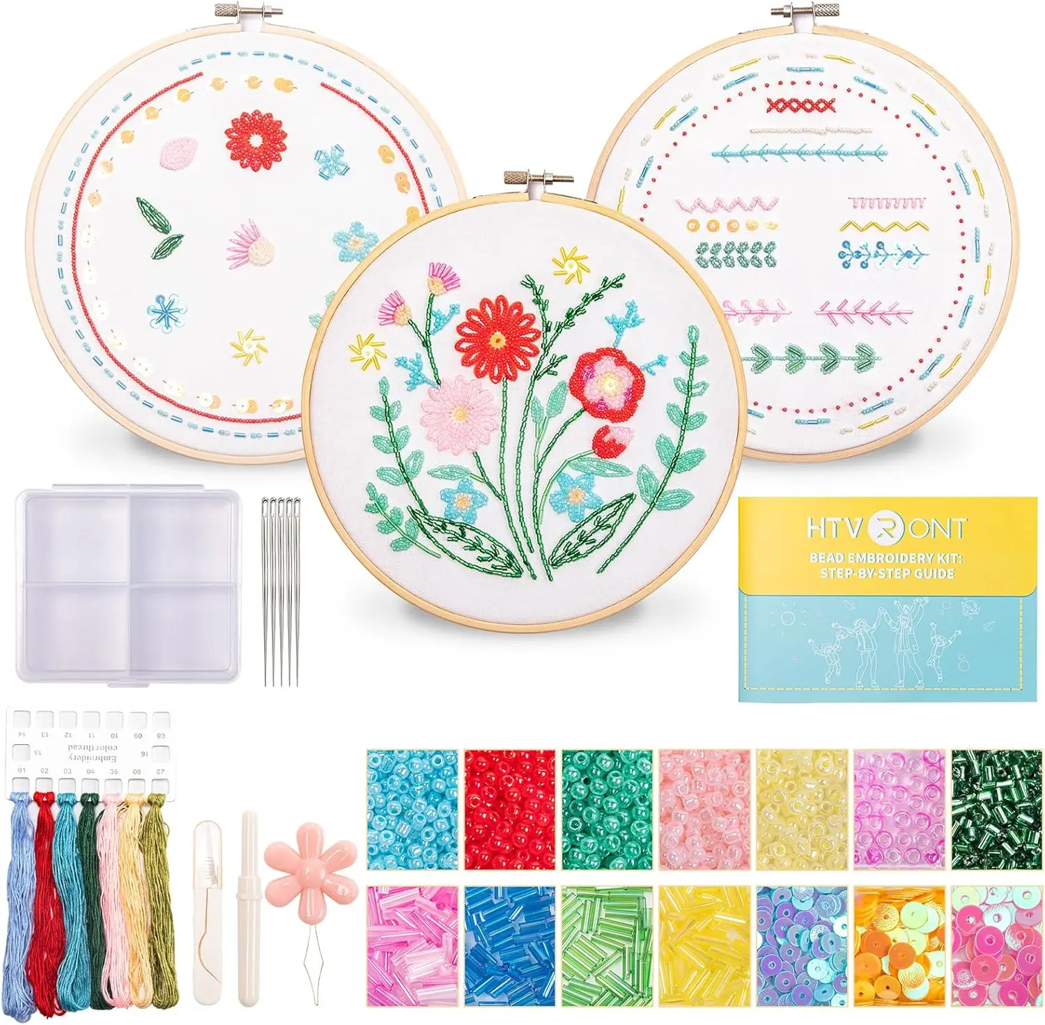 Bead Embroidery Kit for Beginners 3 Sets Bling Bling Bead Embroidery Kit with Step by Step Stitch Video & Instructions, Three-Dimensional Starter Embroidery Set with 19 Stitches for Gift