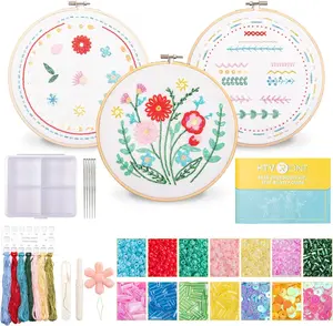 Bead Embroidery Kit for Beginners 3 Sets Bling Bling Bead Embroidery Kit with Step by Step Stitch Video & Instructions, Three-Dimensional Starter Embroidery Set with 19 Stitches for Gift