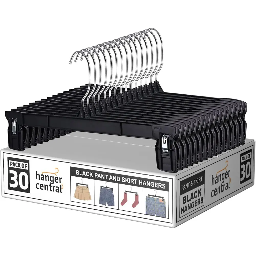 30-Pack Heavy Duty Slim Profile Rotatable Clothes Hangers with Accessories - Space-Saving Home Organizer, Ridged Non-Slip Pinch Clips, 360-Rotatable Chrome Rotating Hooks, 12in Black Polyester Hangers for Pants & Skirts