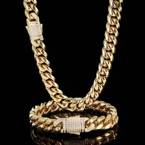 LUNA US Men's Cuban Link Jewelry Set - Iced Out Necklace & Bracelet in Stainless Steel, Hip Hop Bling, Adjustable Fit, Gift Ready with Cubic Zirconia for Daily Wear & Special Occasions
