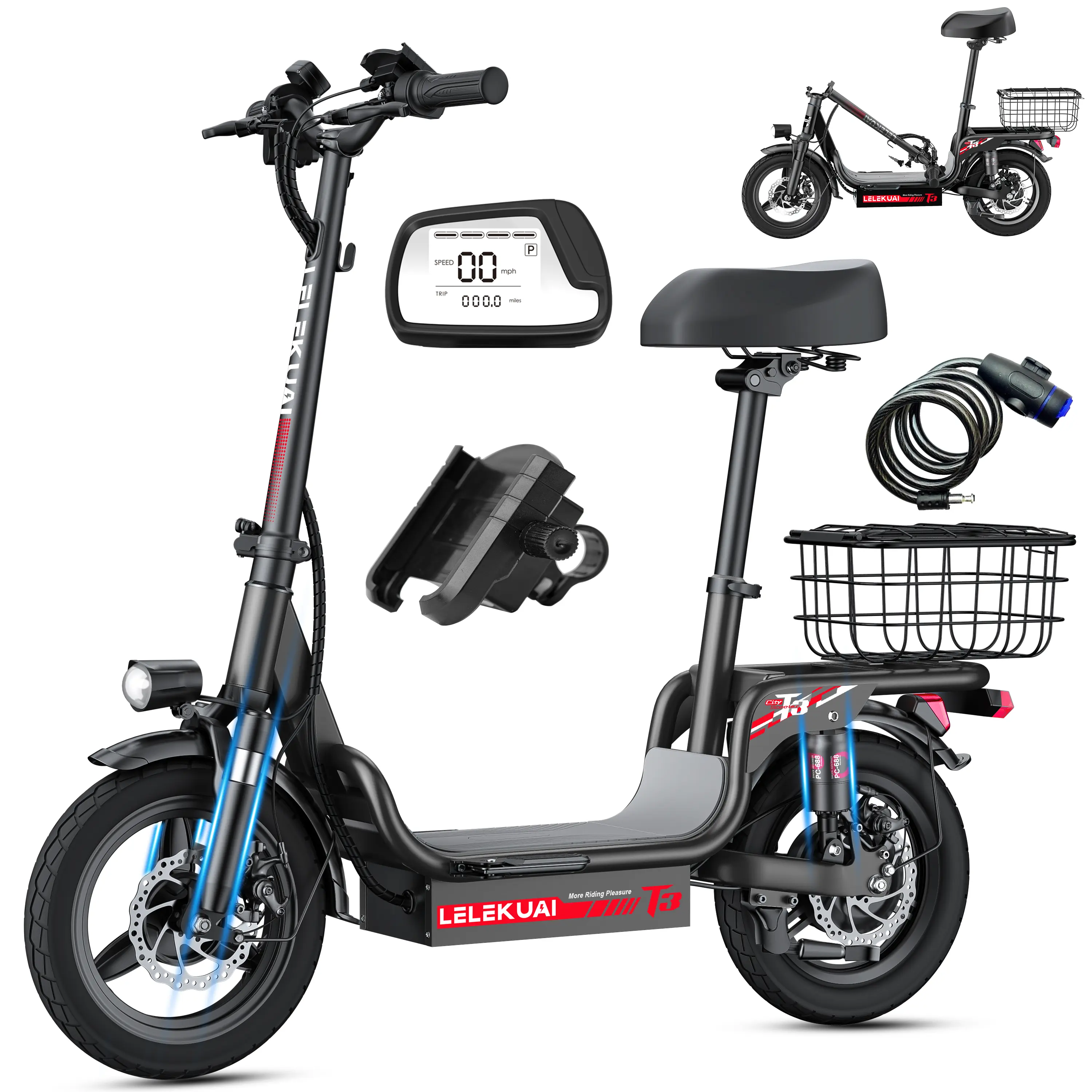 Unisex Functional Portable Folding Scooter - 750W Motor, 500lbs Load Capacity, 14-inch Tires, Dual Spring Shock Absorbers, LED Headlight, Combination Lock, Phone Holder, Tool Kit, 6-Month Warranty for Daily Commute