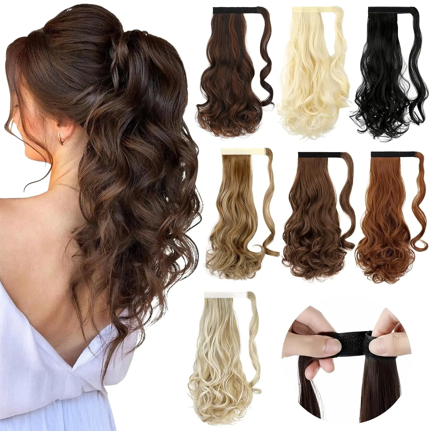 18" Ponytail Extension Curly Wavy Clip in Hairpiece Wrap Around Long Pony Tails Hair Extensions Synthetic for Women Ash Blonde Mix Light Brown