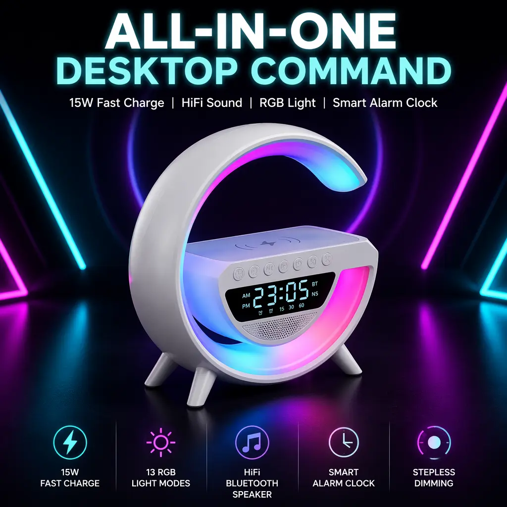 G-Shape Multifunctional Speaker Lamp - Portable ABS Bluetooth Stereo Speaker with Built-in Wireless Charger, RGB Light, Alarm Clock, USB Audio, Type-C Compatibility for Bedroom, Desk, Smartphone