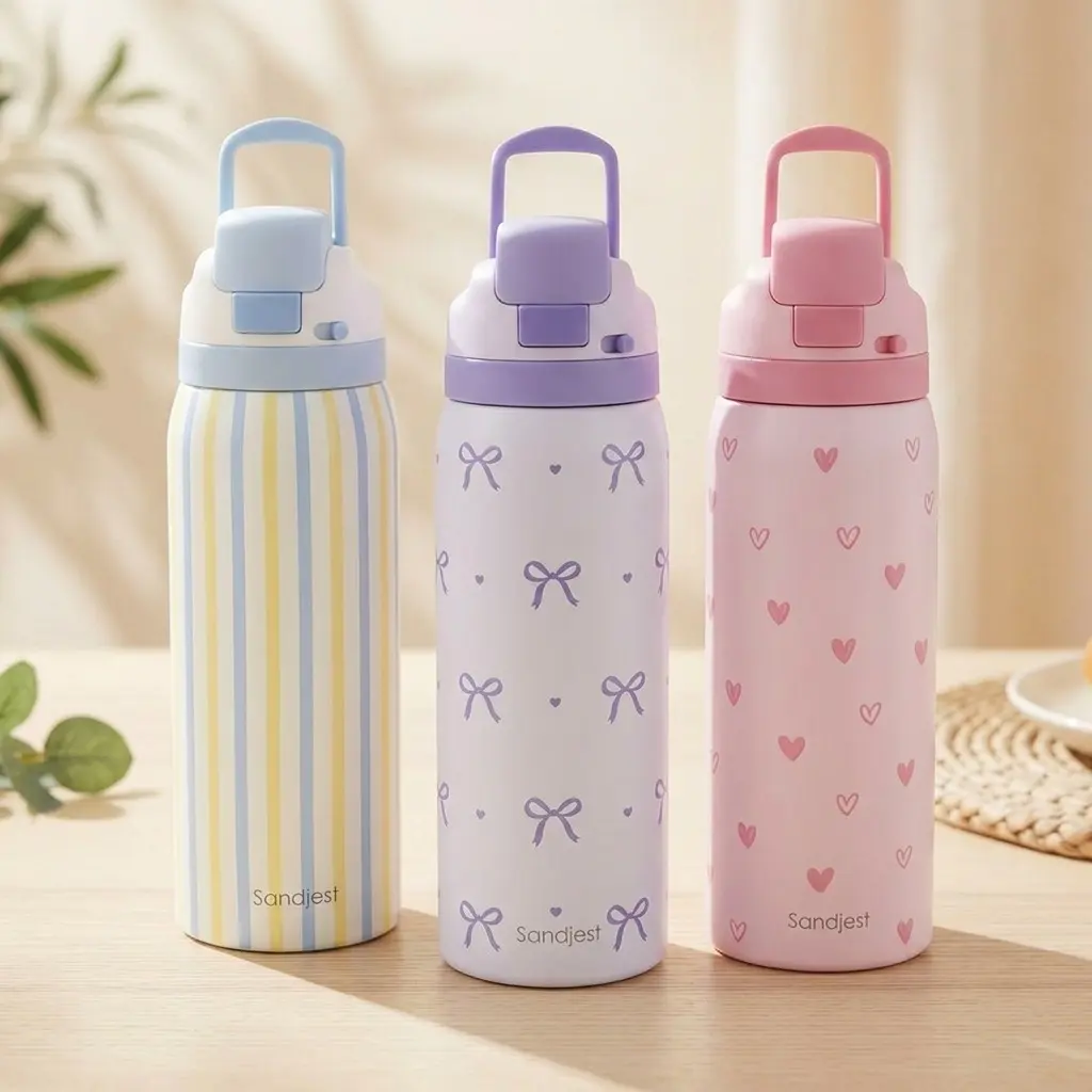 SANDJEST 32oz Insulated Stainless Steel Water Bottle with Push-Button Lid, Straw and Handle Included, Portable Reusable, 100% Leak-Proof, Summer Sporty for Gym Outdoor Travel School, Gift for Her Women Girls