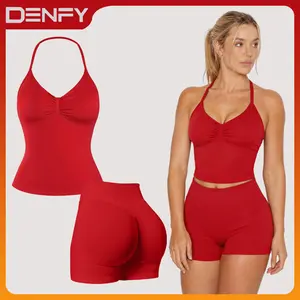DENFY Two-Pieces Suit Impact Longline Strappy Top Impact Shorts  Sports Yoga Impact Gymwear Tanks Seamless Shorts