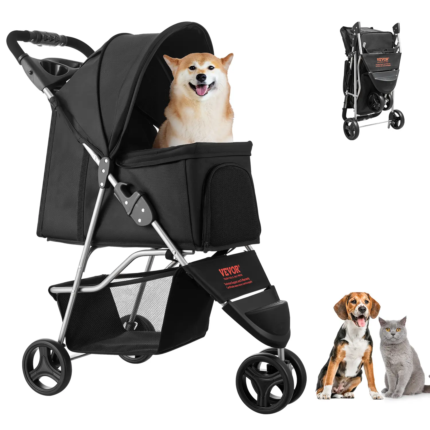 VEVOR Pet Stroller, 35 lbs Weight Capacity, Foldable Dog Stroller Cart, 3  Wheels Cats Stroller with