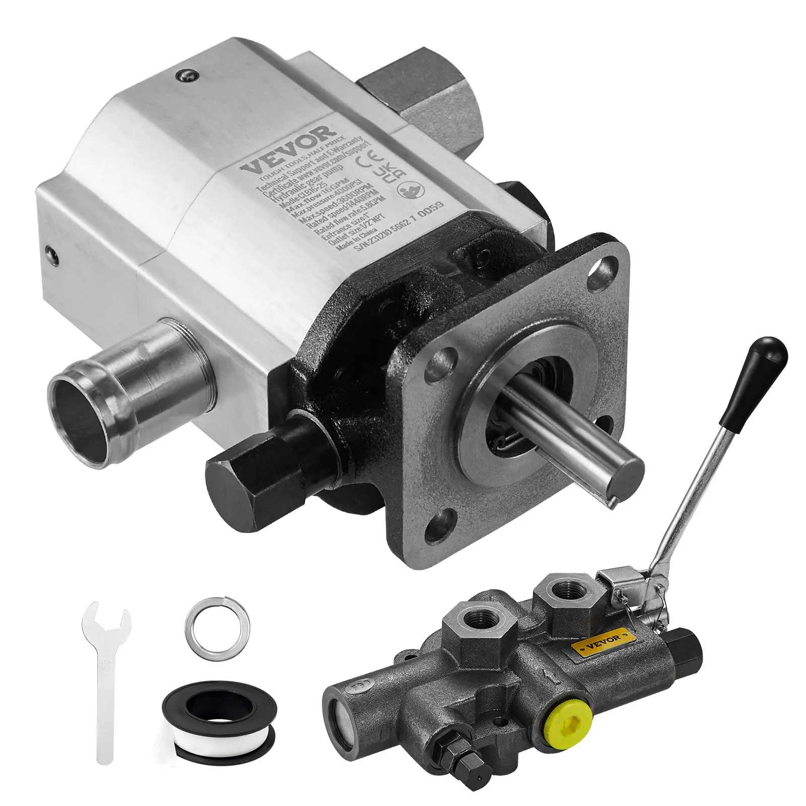 VEVOR Heavy Duty Hydraulic Wood Log Splitter Hydropump Kit, 16 GPM 2-Stage 4000 PSI Aluminum Gear Pump with Valve Set, 1'' Inlet, 1/2'' NPT Outlet, 3600 RPM, 1.5-Inch Shaft Length for Small Engine-Mounted & DIY Wood Splitters, Wood Splitting