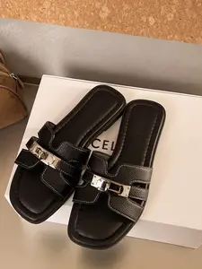 Women's Summer Korean Style Sandals, Square Toe, Silver Color Buckle, Slip-On, Casual, PU Leather, Perfect for Vacation, Commute, Daily Use