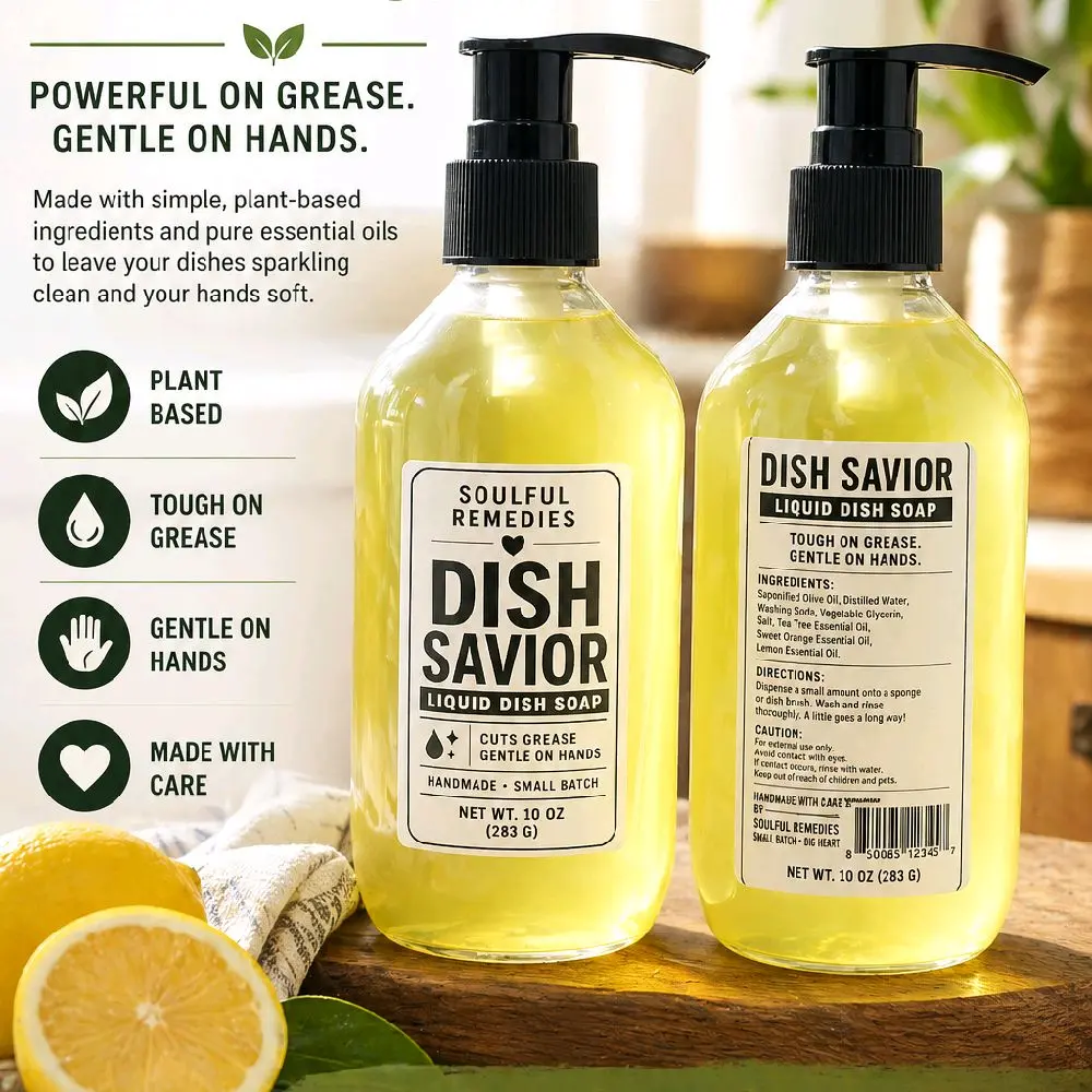 Soulful Remedies Dish Savior Liquid Dish Soap - Plant-Based, Tough on Grease, Gentle on Hands, 10 oz