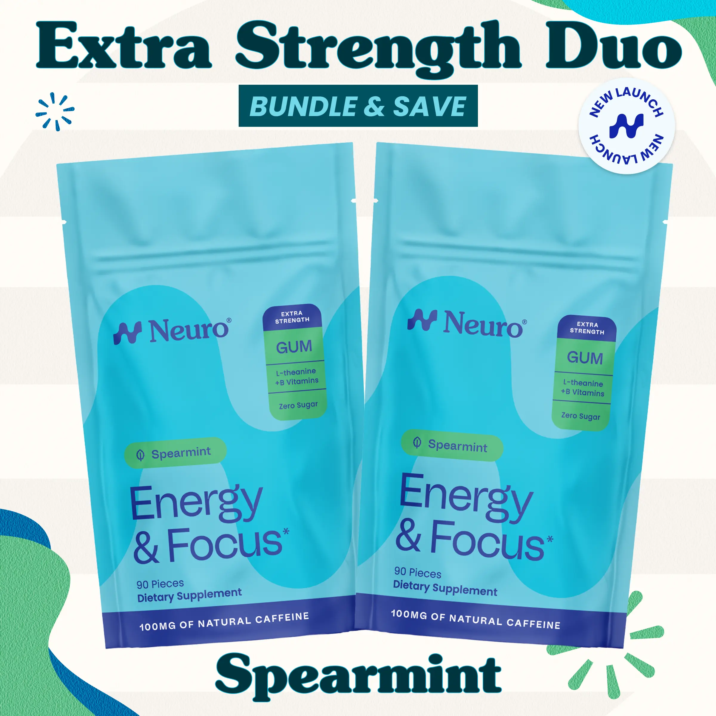 Extra Strength Duo - Energy & Focus Caffeine Gum (100mg) - Spearmint (2-Bulk Pouches)