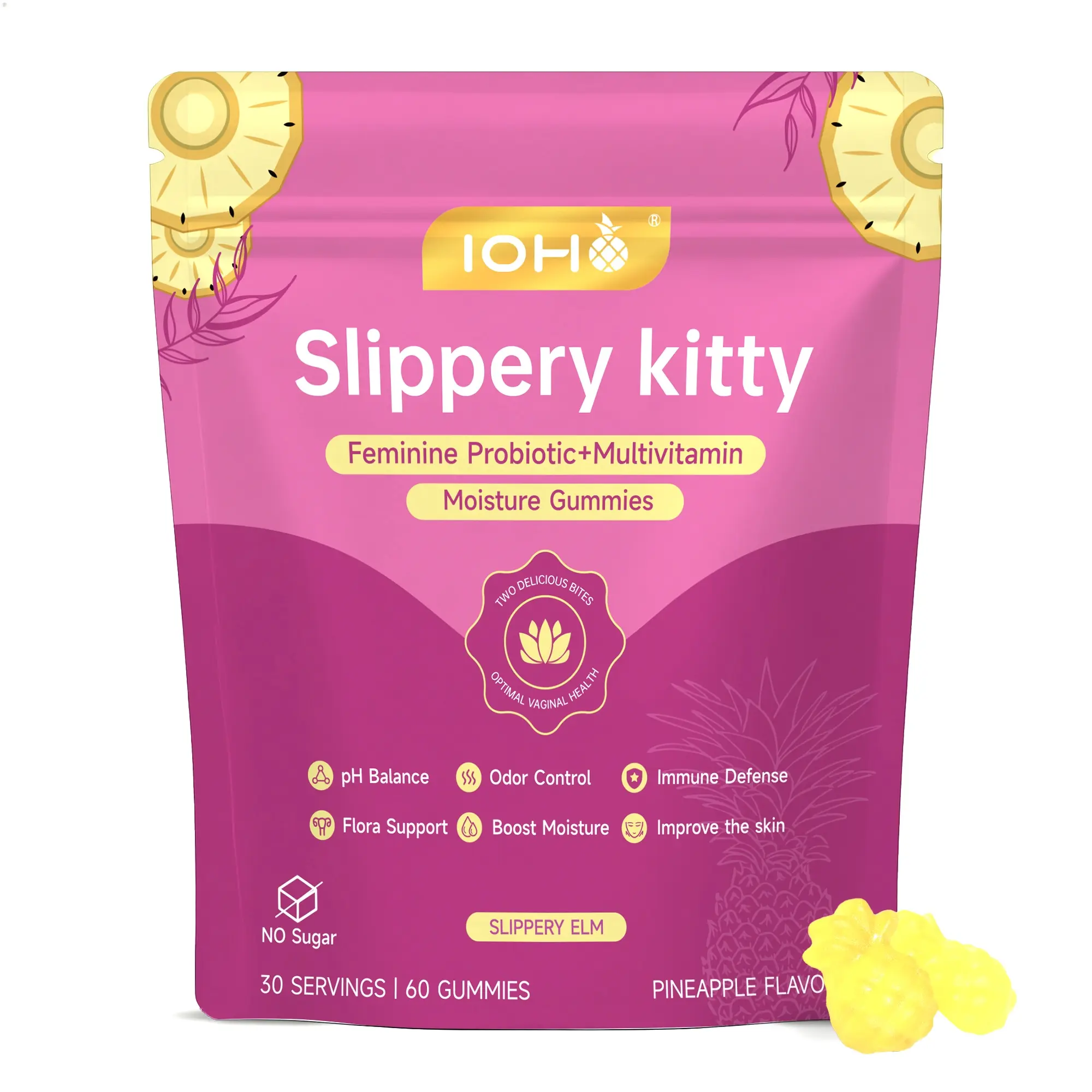 IOHO Her Juicy Feminine Probiotics Gummies-All in One Solution with Slippery Elm and Prebiotics&Lactobacillus Probiotic Blend for Women's pH Balance and Dryness-Hawaiian Pineapple Gummies 60 Count women’s probiotics - Supplement Healthcare