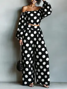 Women's Casual Clothes, Polka Dot Matching Set Short Sweatshirt & Wide Leg High Waist Pants, One-Shoulder Long Sleeve Top + Wide Leg Pants, Spring Summer Comfortable Daily Wear