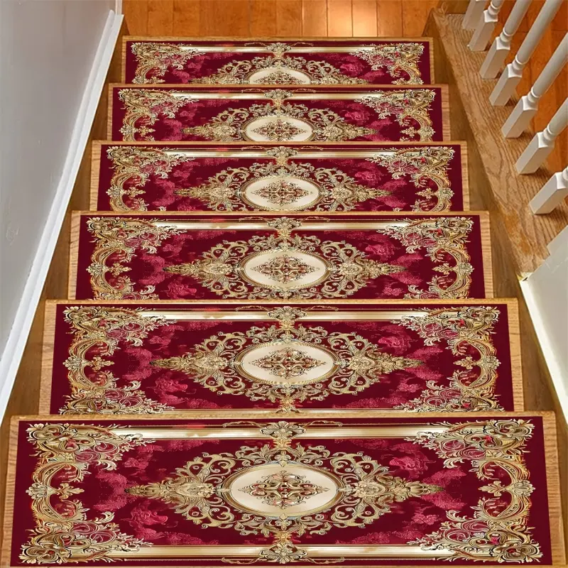 Vintage Gold-Patterned Red Stair Mat, Soft And Durable, Machine Washable And Easy to Clean, Lightweight And Comfortable, Suitable for Stair Carpets, Kitchen Mats, Living Room Carpets