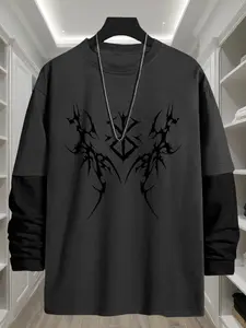 Gothic Print Loose Fit Long Sleeve Round Neck T-Shirt, Fashion Street Style Casual Top, Comfortable Trendy Gift for Fall Season, Streetwear, Unique Graphic, Menswear