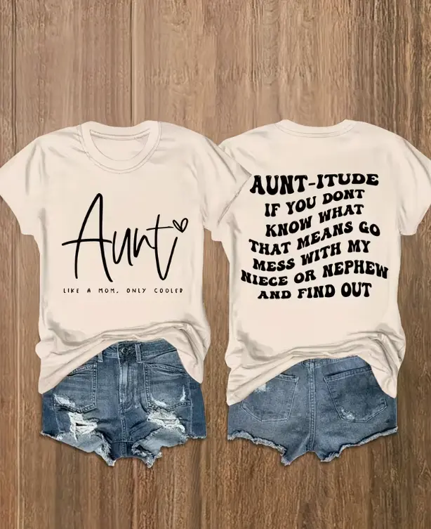 Women's Beige Cotton Comfortable Short-Sleeve Crew Neck T-Shirt, Double-Sided Print Auntie Gift for Everyday Wear (Aunt Like A Mom Only Cooler Graphic), Shortsleeve