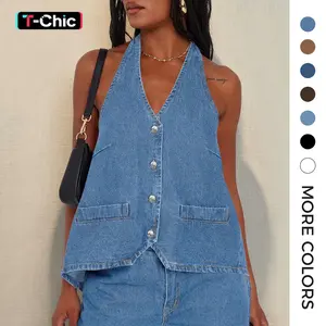 Women's Vintage Cropped Lightweight Halter Denim Vest, Casual Y2K Open Back V-Neck Button-Down Jean Tee, Summer Going-Out Top