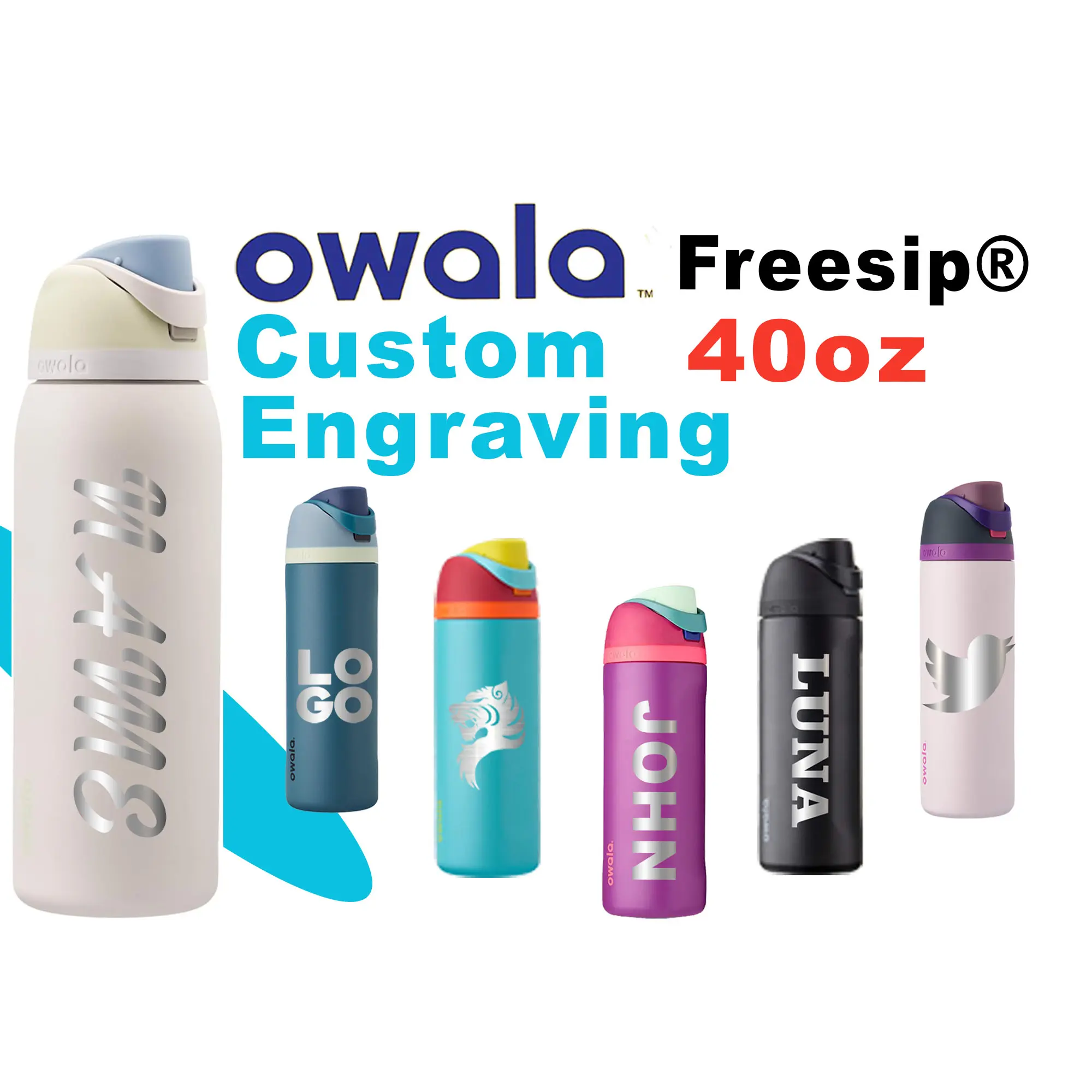 OWALA 40oz FreeSip Insulated Water Bottles - Personalized Stainless Steel BPA-Free Rambler with Straw for Sports - Custom Engraving Available
