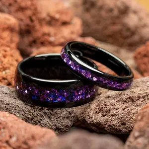 Galactic Nebula Sandstone Black Couple Tungsten Wedding Bands Comfort Fit 4mm | 8mm