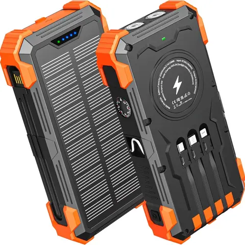 20000mAh Solar Power Bank Charger - Wireless Portable Battery with QC3.0 Fast Charging, USB-C, 4 Ports, Dual LED Flashlight, Shockproof, Built-in Thermometer, Cable-Compatible for All Smartphones, Mobile Devices