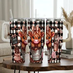 40oz/30oz/20oz Highland Cow Tumbler with Handle, Buffalo Plaid Chocolate Sweetheart Pink Bow Cow Print Insulated Stainless Steel Travel Mug, Valentine's Day Anniversary Gifts for Girlfriend Wife Women, Car Cup Holder Friendly