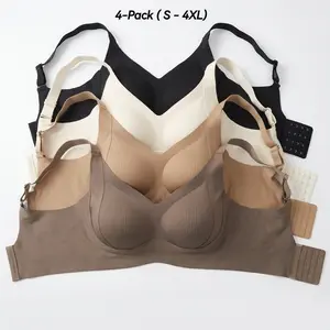 4-Pack Seamless Jelly Push-Up Bra | Wirefree Full Coverage Everyday Comfort Bralette, Miracle Lift Cool T-Shirt Sleep Bra, S-4XL Plus Size Womenswear Basic