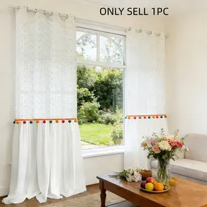 1pc Vertical Stripe Sheer Curtain with Colorful Pompons, French Elegant Patchwork Design, Living Room Bedroom Sliding Door Filter Curtains