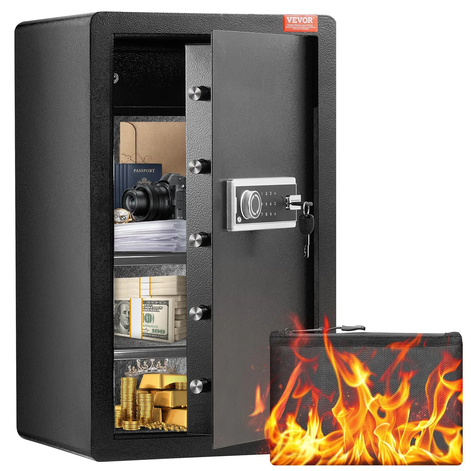 VEVOR 4.0 cu. ft Single Door Safe Box with Key Lock, Password Lock, Fire Resistant Bag, Key Rack, LED Light, 2 Shelves, 1 Cabinet for Money, Valuables, Fireproof Bag