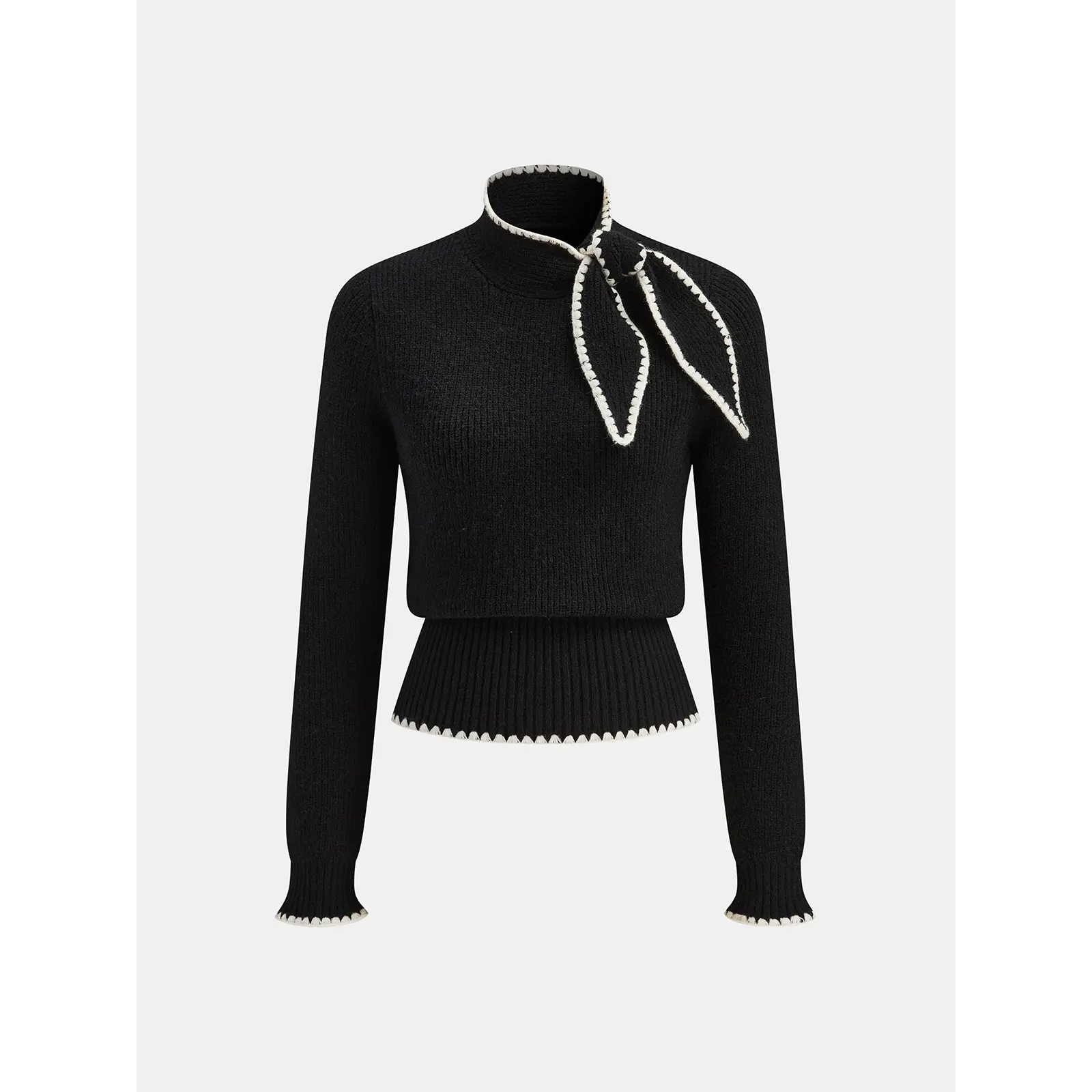 Mock Neck Tie Neck Contrast Stitch Sweater