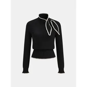 Mock Neck Tie Neck Contrast Stitch Sweater
