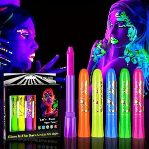 6Pcs Glow In The Dark Neon Black Light UV Fluorescent Crayons Sticks For Adults Halloween Makeup Carnival Rave Birthday Party Favor Set