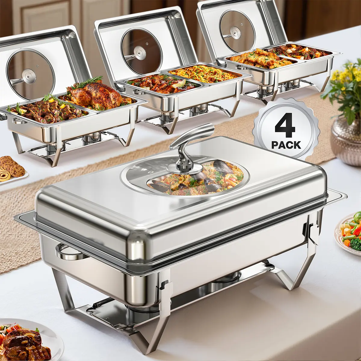dealsforyou WARMOUNTS 9QT Rectangular Chafing Dish with Glass Lid – Full-Size Stainless Steel Buffet Warmer, Foldable Frame, Rolled Rim, Lid Holder, for Parties, Catering & Family Gatherings (2/4/6 Pack)