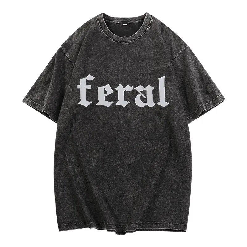 Men's Oversize Graphic T-Shirt, Vintage Washed Cotton, Short Sleeve, Round Neck, Streetwear Style
