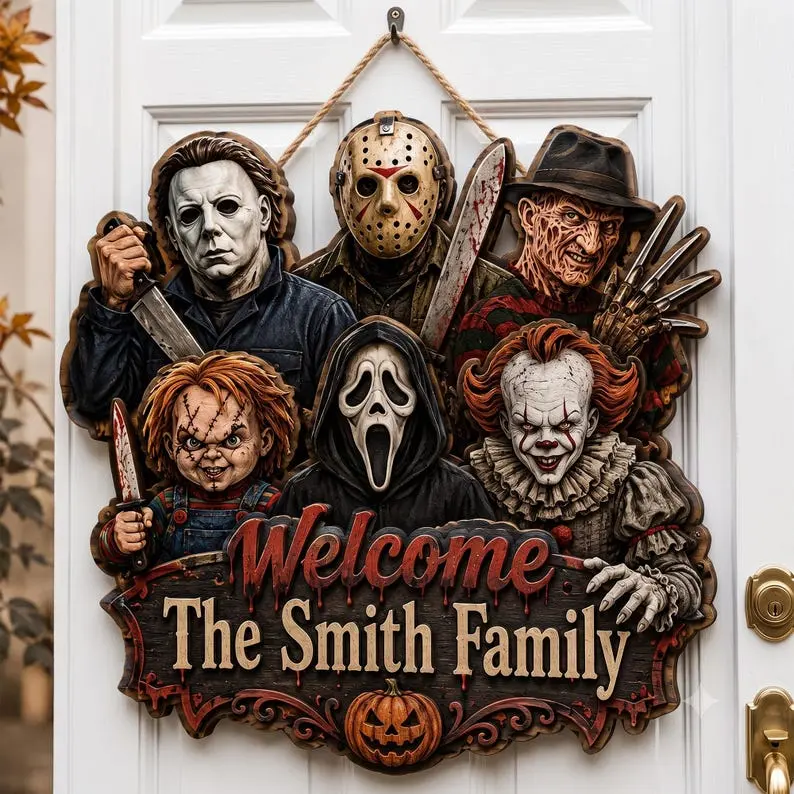 Wooden Scary Movie Welcome Sign, Custom Horror Characters Door Hanger, Slasher Squad Family Name Plaque, Personalized Creepy Decor