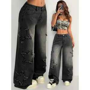 Women's Black Gradient Wide-Leg Jeans with Star Cut-Out Raw Edges - Loose Fit Streetwear Hip-Hop Style, Machine Washable Denim for Spring Summer Fall Casual Outfits Womenswear Bottom Pants Comfort Trouser Pocket