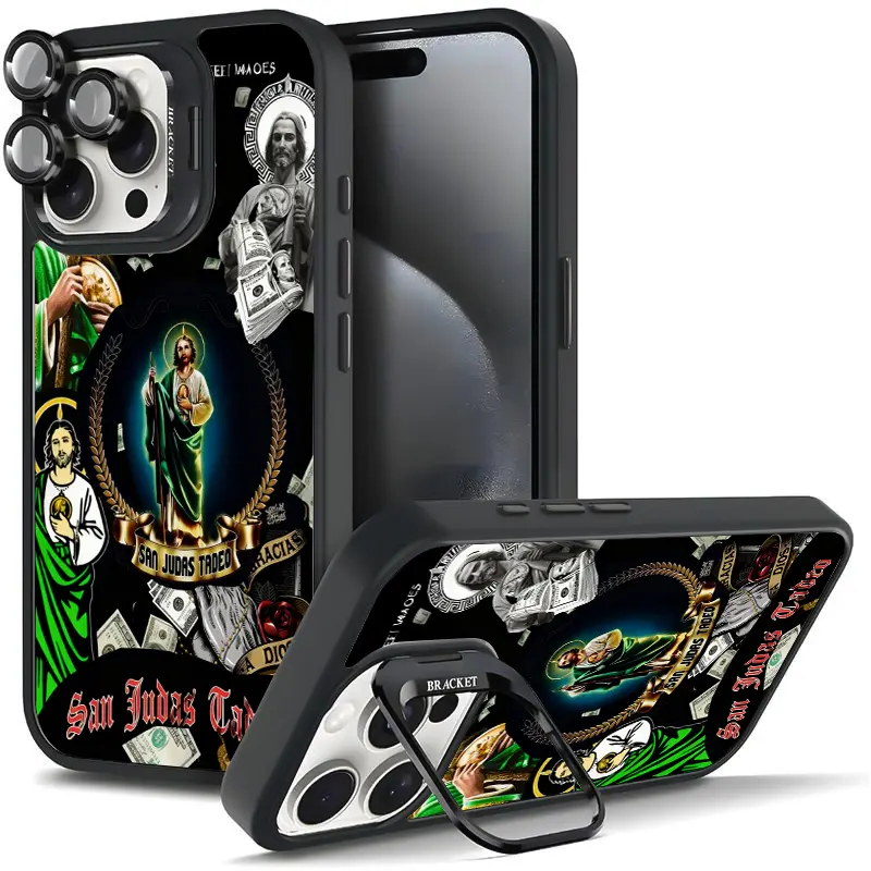 Religious Art God Bless Virgin Mary Dollar Pattern TPU Phone Case for iPhone 16/15/14/13/12/11 Pro/Plus/Max, Protective Shockproof Casing with Magnetic Metal Lens Frame, Film, Bracket Stand, Camera Holder, Cool Fashionable Tough Durable Gift 279