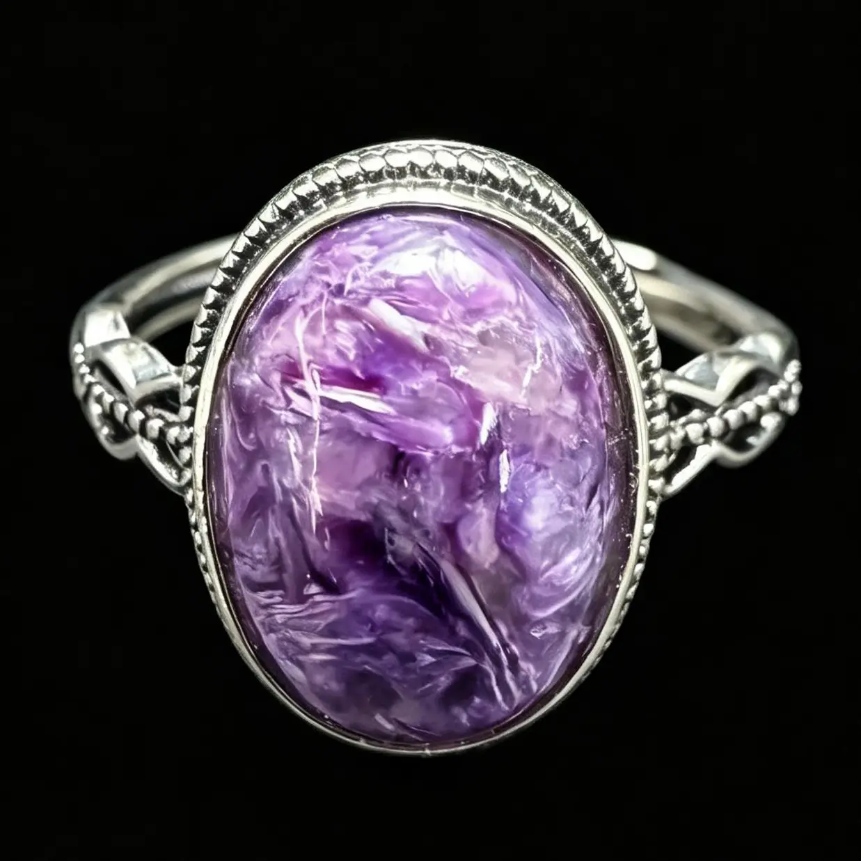Oval Natural Charoite 925 Sterling Silver Milgrain Bezel Twisted Link Adjustable Statement Ring