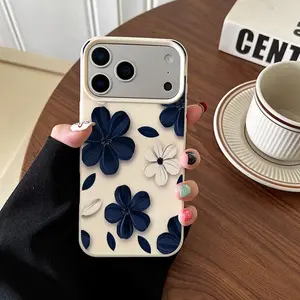 Dark blue and white floral color-block pattern, anti-slip and drop-resistant, stylish and playful phone case design. Suitable for iPhone 17/16/15/14/13/12/11/X/XS/XSMAX, it is an excellent gift for yourself, family, or friends.