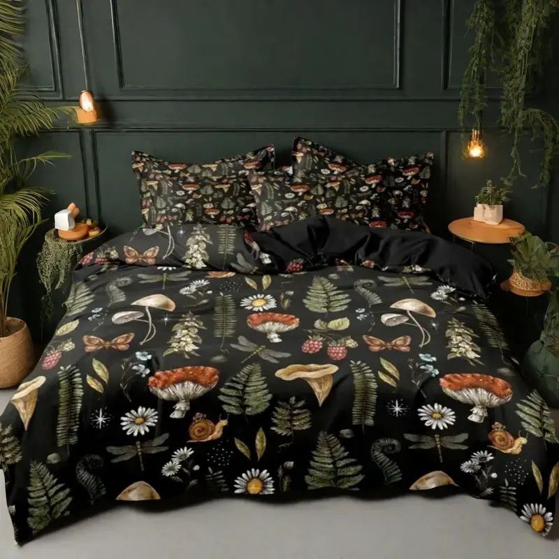 Mushroom Print Bedding Set, Includes 1 Fitted Sheet and 2 Pillowcases, Soft Comfortable Bedroom Decor, Cozy Fashion Sleep Space, Decorative Bedding Set