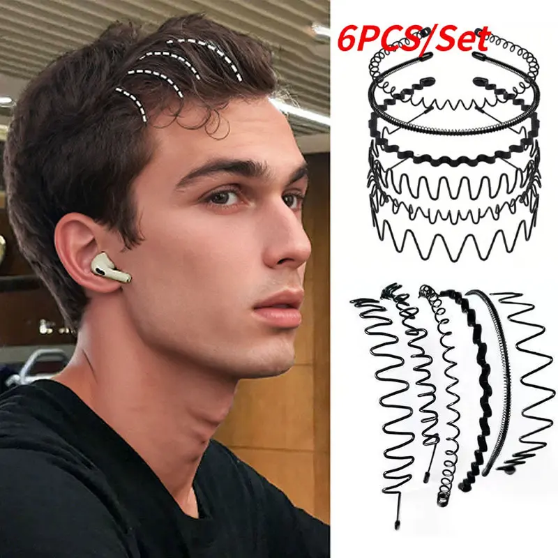 Black Wavy Metal Headbands, 6-Piece Set for Unisex Adults, No Lace Workout Hair Accessory for Sports and Casual Wear, Gym Headband, No Lace Headband
