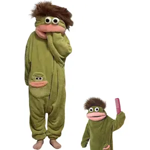 Green Puppet Monster Flannel Onesie, Warm Winter Jumpsuit with Hair Hood & Cute Pocket, Cozy Sleepwear for Men & Women
