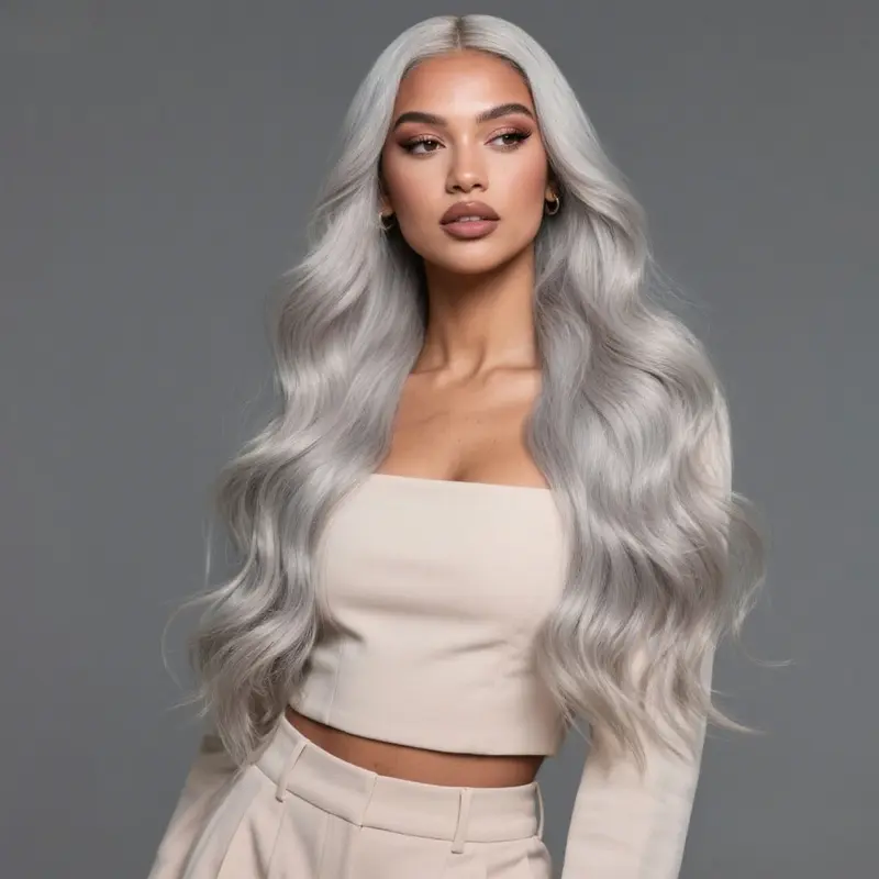 Grey Body Wave Synthetic Lace Front Wigs Glueless Silver Grey Loose Wave 13X4 HD Lace Middle Part Natural Hair Line 30 Inches 250% Density Heat Resistant Fiber Hair Wigs for Women Daily Party Cosplay Use