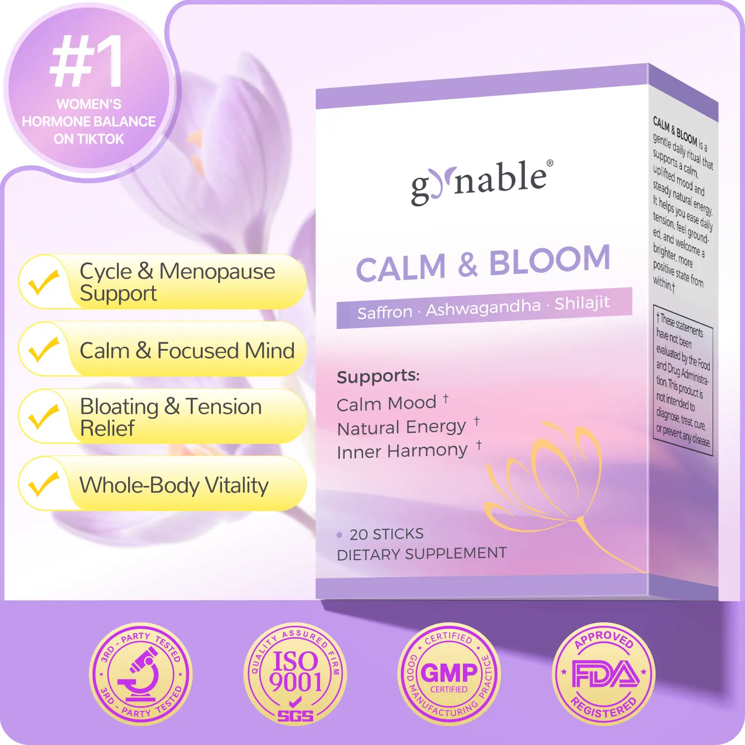 GYNABLE Sugar-Free Caffeine-Free Edible Calming Powder Drink - Saffron-Infused Natural Botanical Extracts 8-in-1 Cortisol Vitamin Supplement for Women, Magnesium (Glycinate, Shilajit), L-Theanine, B6 for Hormone & Brain Health, 20 Non-GMO Travel Packets