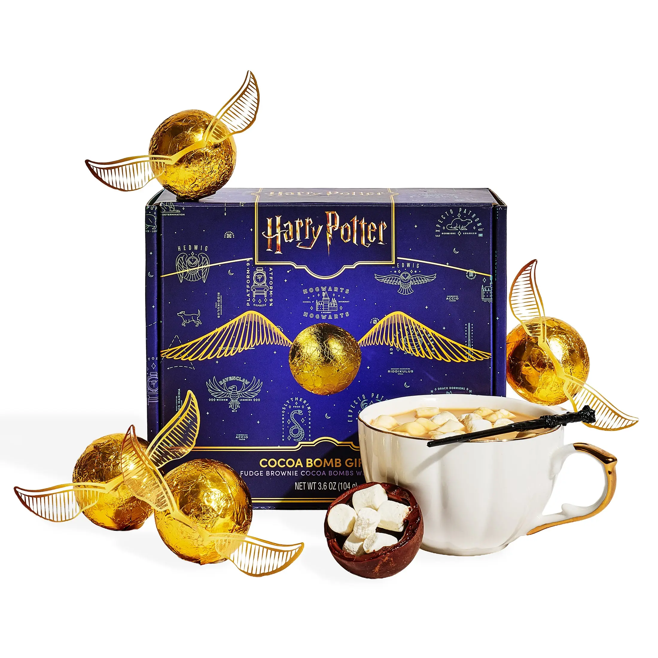 HARRY POTTER Golden Snitch Cocoa Bomb Gift Set, 4 Cocoa Bombs & Stir Wand | Fudge Brownie Hot Cocoa Bombs, Christmas Gift, Stocking Stuffer, Harry Potter Fan Gift, Movie Night & Chocolate Lovers