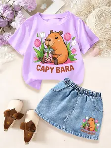 Girls Summer Fashion 3D Creative Capybara Letter Cartoon Print Short Sleeve T-Shirt, Casual Comfortable, 2pcs Set