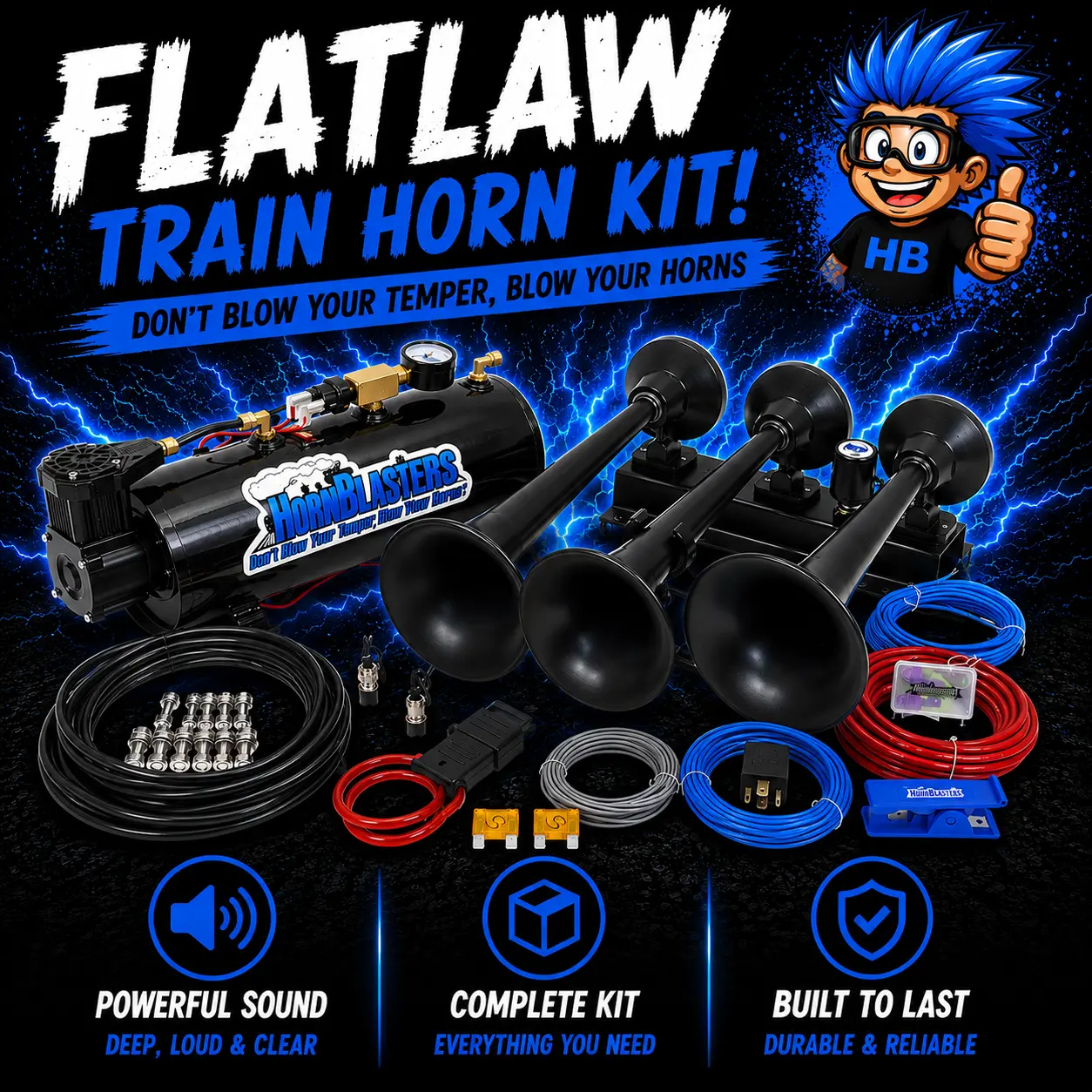 Flatlaw 3 Liter Train Horn Kit | 12-Volt | 3-4 Seconds of Honk Time