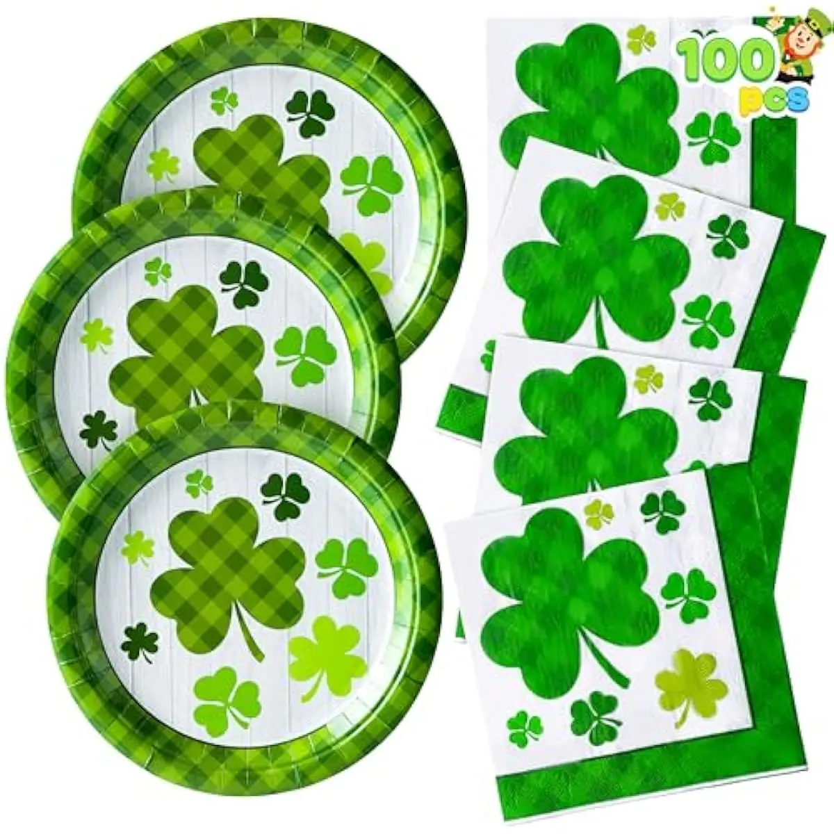 100PCS St. Patricks Tableware Set, Party Plate and Napkin, 50 Green Shamrock Plaid Plates and Paper Napkin, Clover Designs for Party Supplies